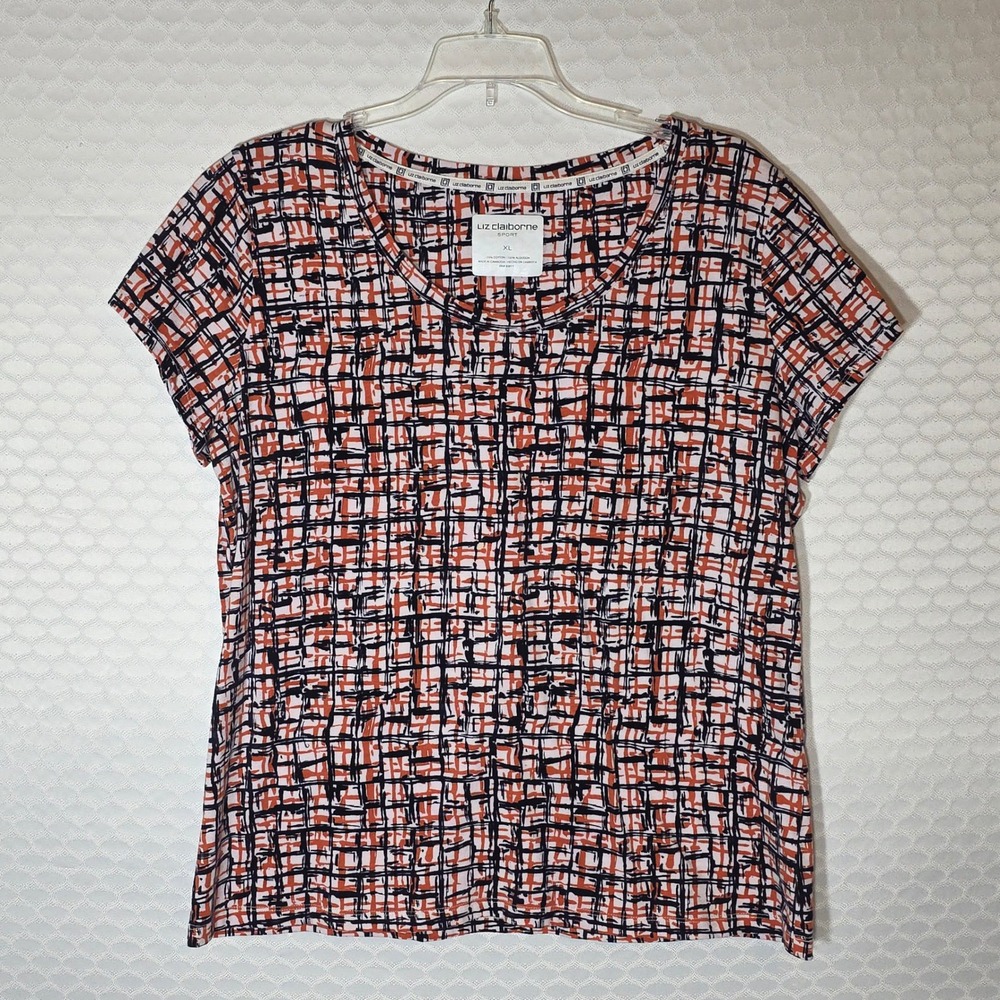 Liz Claiborne Sport Womens XL Orange Black Coral Abstract Grid Cotton Tee Top